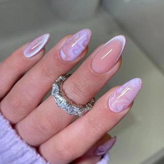 Falso Nials , Unhas Postiças Francesas Roxas , Olho De Gato Cereja Borboleta Flor Longa Amêndoa Imprensa Nas