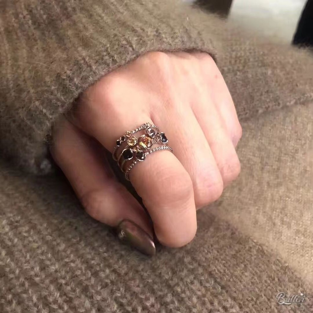 Anel feminino multicamadas com strass, anel aberto para o dedo indicador, anel feminino com diamantes incrustados, anel 