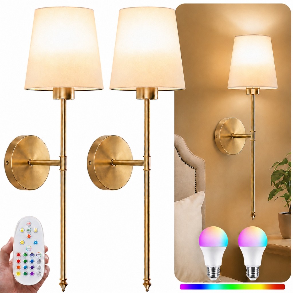 Kit 2 Arandelas Parede Dourada Cúpula Cônica Tecido Bege, RGB Controle Remoto Lâmpada Recarregável ou Fio Para Cabeceira