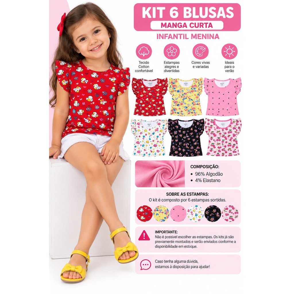 Kit 6 Blusas Camiseta Infantil Menina Manga Fru-fru Estampas Sortidas Cotton Algodão