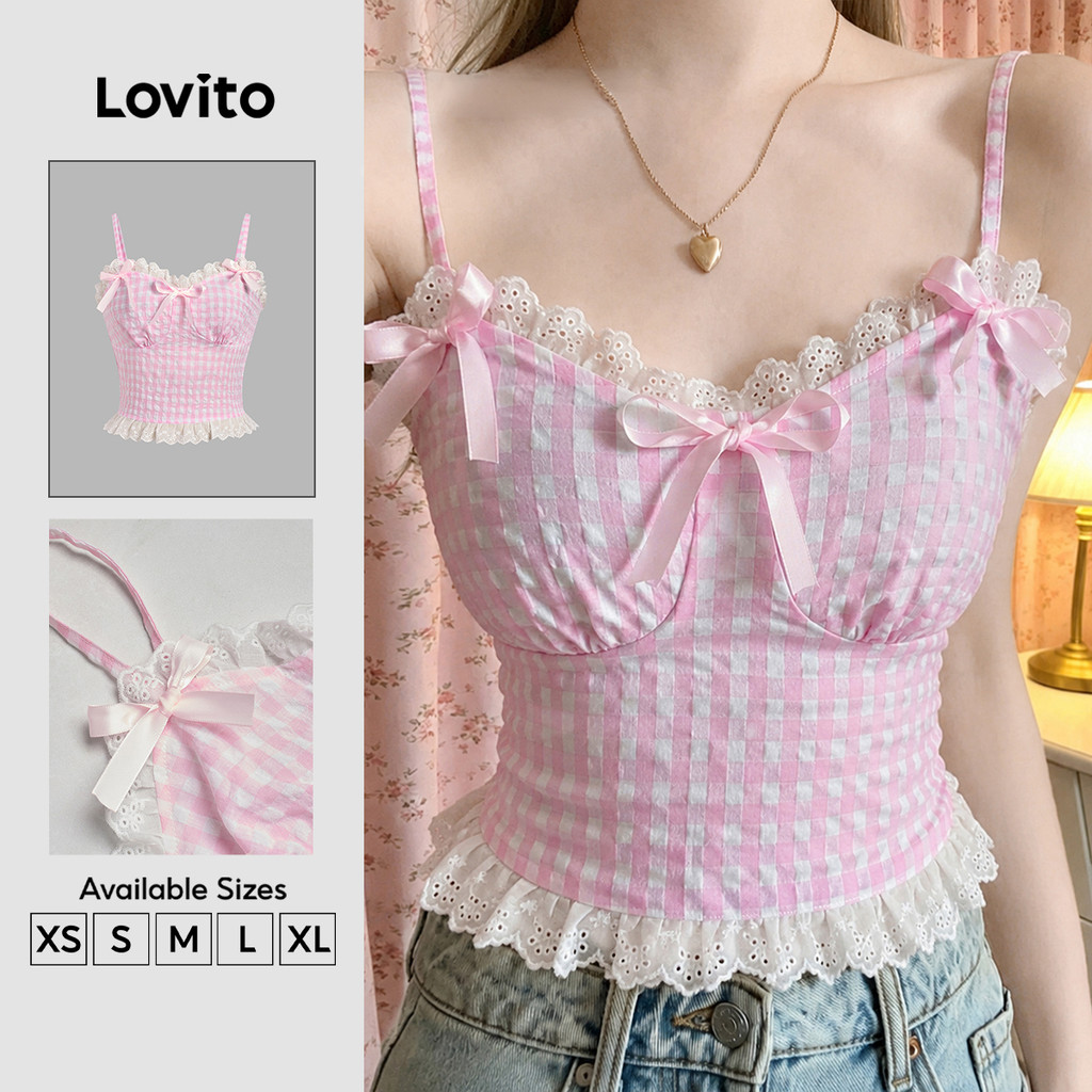 Lovito Top Rosa Casual com Babado No Pescoço e Laço Bicolor Primavera/verão para mulheres TKK8TD151
