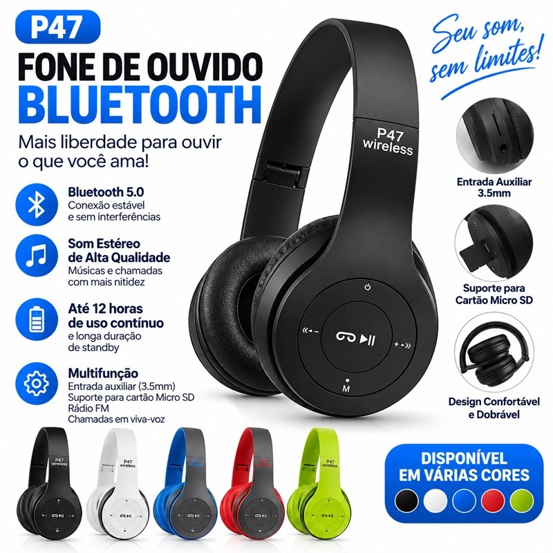 Fone P47 Headphone Sem Fio Estéreo Redução de Ruídos Bluetooth 5.0 Universal
