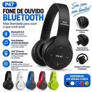 Fone P47 Headphone Sem Fio Estéreo Redução de Ruídos Bluetooth 5.0 Universal