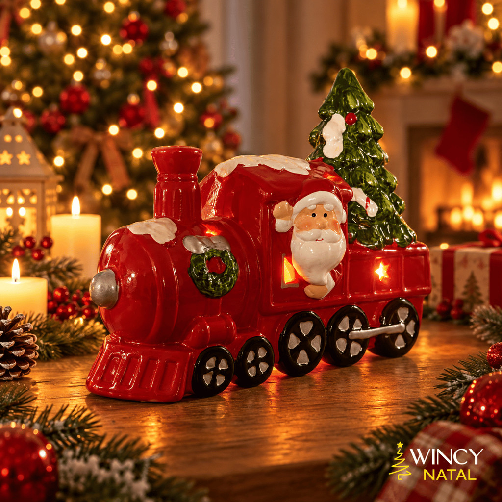 Enfeite de Natal Trem com Papai Noel Cerâmica 24,5cm - Wincy Natal / Decoração Natalina Mesa Enfeite Natalino