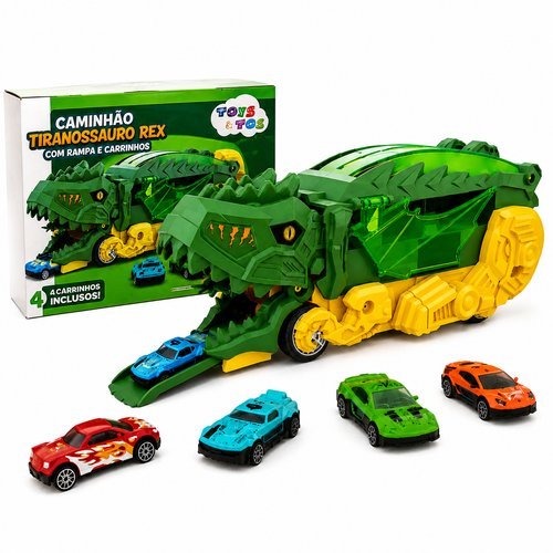 Caminhão Dinossauro Brinquedo Infantil Com 3 Mini Carros Veículo Verde Educativo Divertido