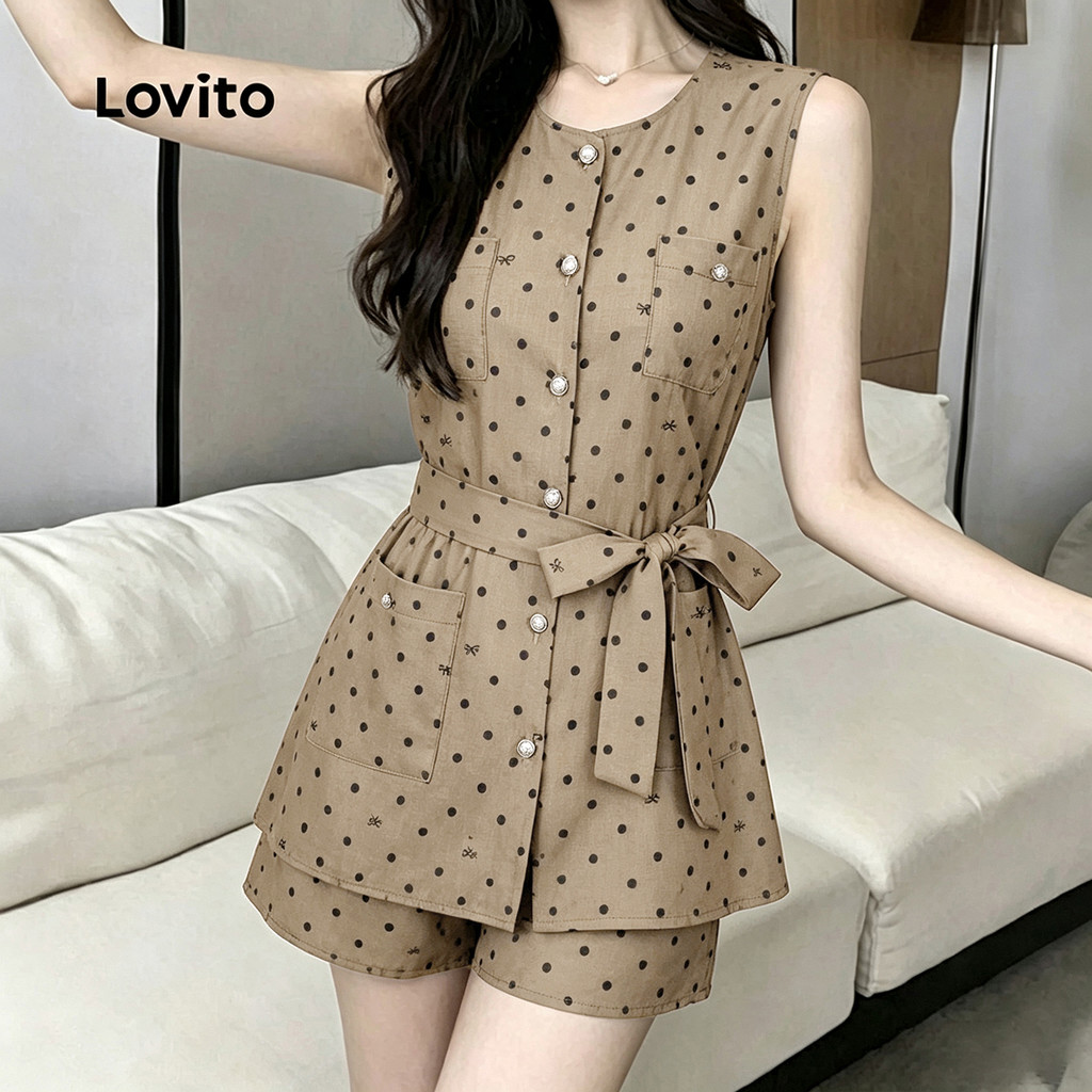 Lovito Blusa ou Calça Feminina Elegante Caqui com Poá Bolso e Botão Primavera Verão Traje de Trabalho SHB205P2D062 — imagem 2 de 2
