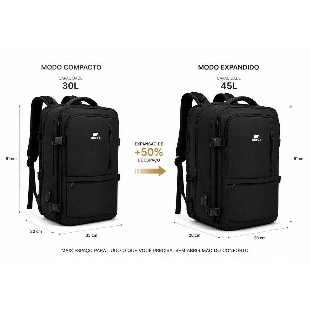 Mochila Notebook 17' Masculina Bagear Cor Preta Reforçada Expansível Impermeável Guarda Tênis Premium Porta USB BAGEAR · foto 2