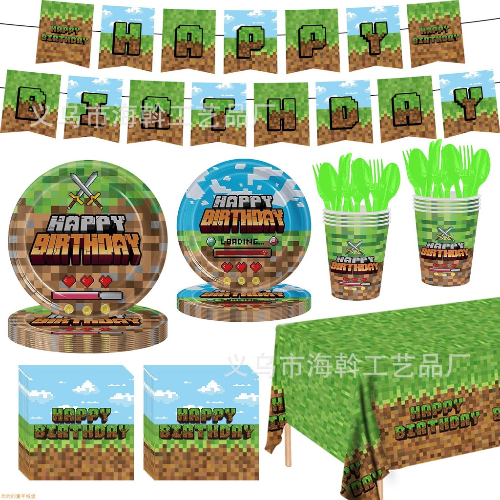 Minecraft tema festa de aniversário decoração suprimentos placa de papel descartável copo de papel toalha de mesa conjun