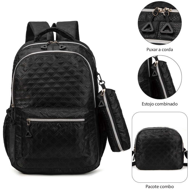 Conjunto de mochila feminino com lancheira e estojo, tecido ecológico, espaçoso, bolso lateral para garrafa de água