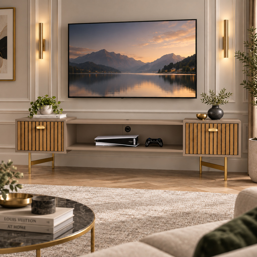Rack Bancada Industrial Pés Ferro Shop Leão Sala Opcao com Pés 1.80 cm Para Tv 75 pol Home com 2 Portas - LANCAMENTO