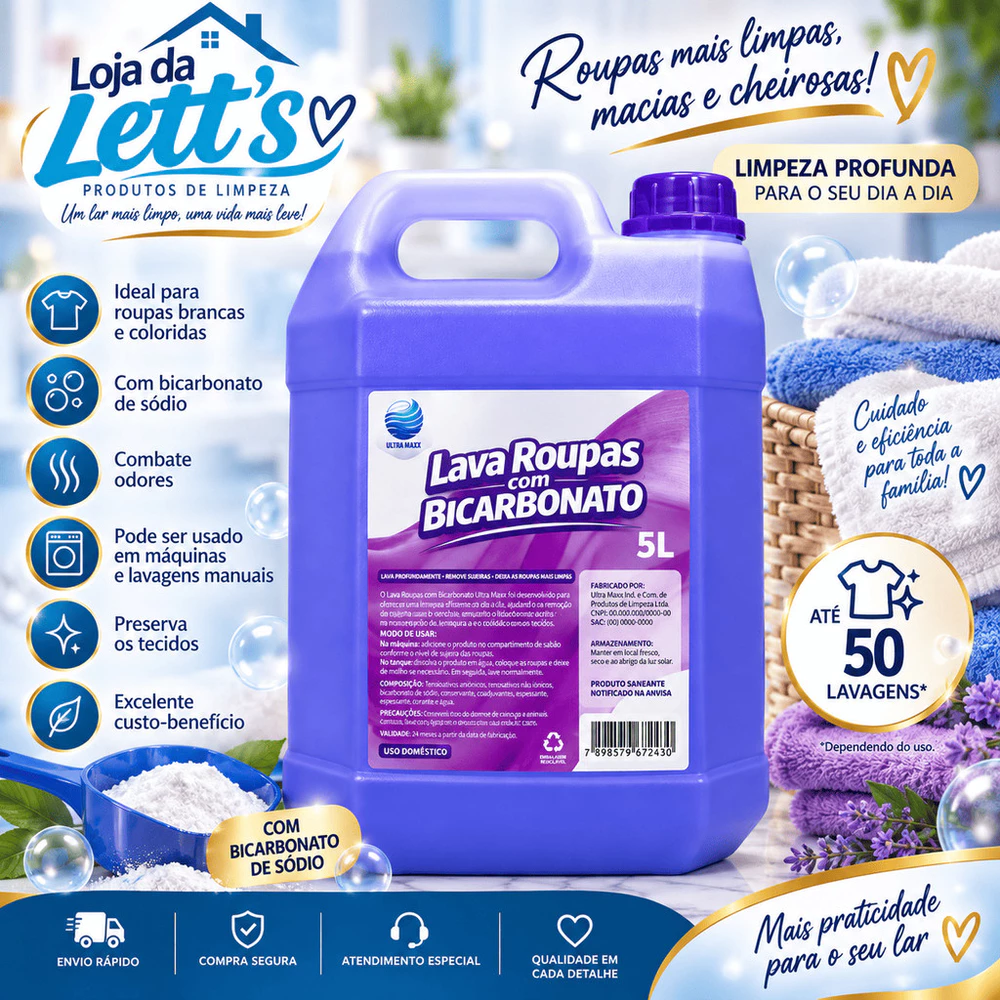 Lava Roupas Sabão Liquido Com Bicarbonato de Sódio 5L Lavanderia Profissional Cremoso