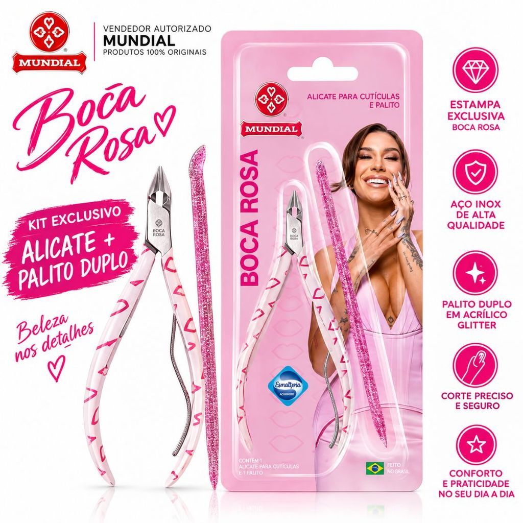 Kit Lançamento BOCA ROSA Mundial: Alicate de Cutícula Estampa Exclusiva + Palito Duplo Acrílico Glitter