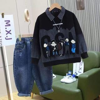 Meninos médio grande crianças frito rua moletom primavera outono novo estilo grosso algodão T Denim colarinho completo i