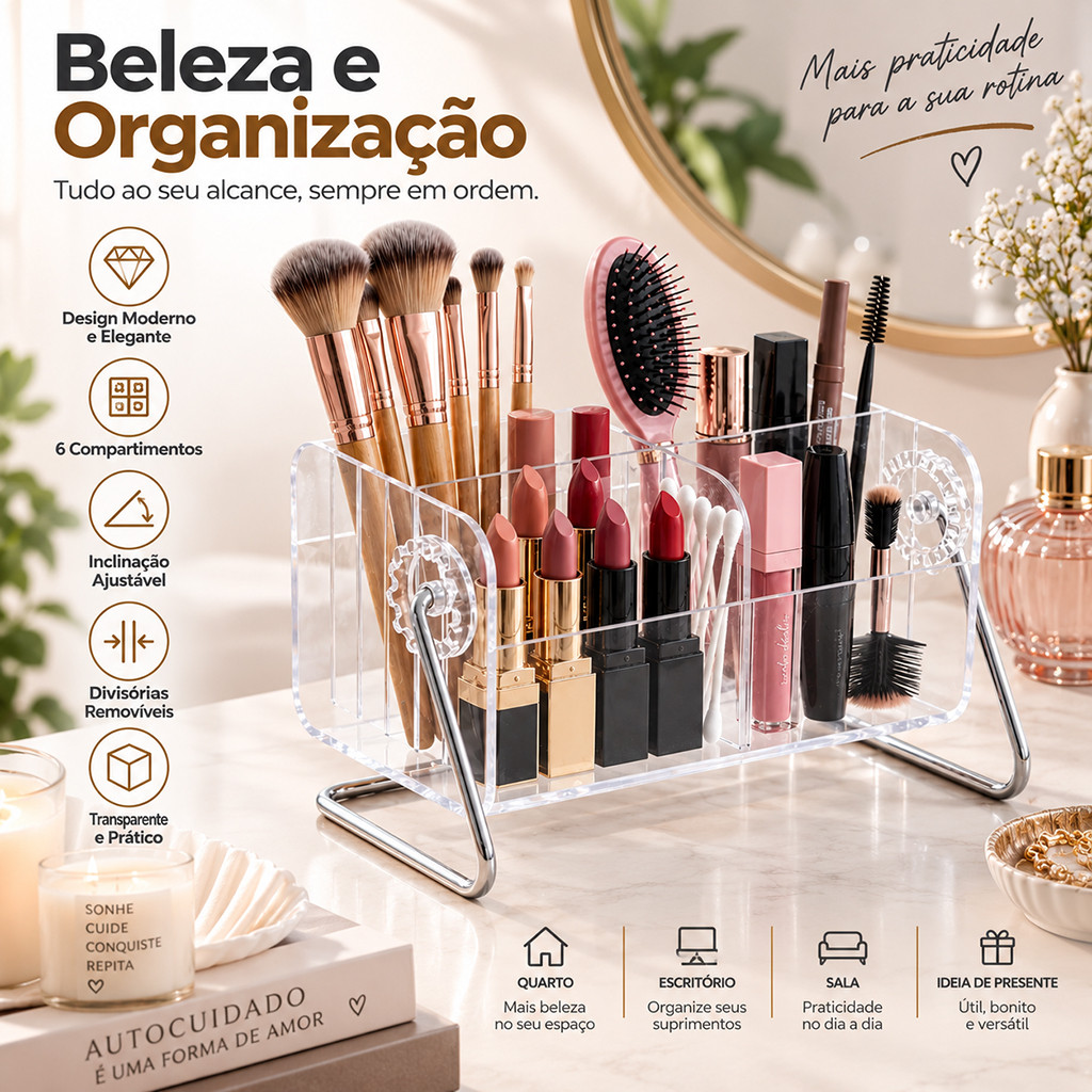 Organizador Acrílico Giratório 6 Divisórias, para Controles Remotos e Pincéis de Maquiagem, Sala e Escritório