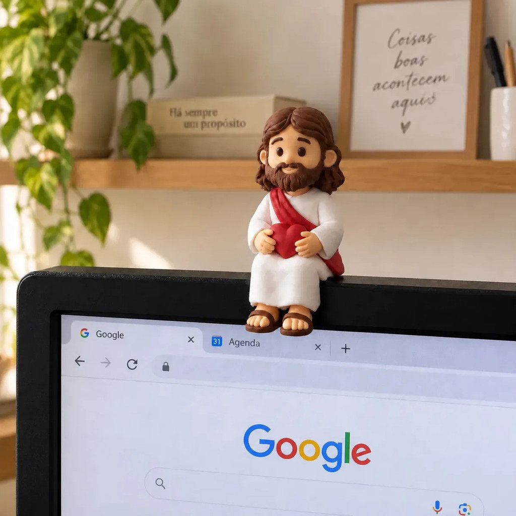 Mini Jesus Cristo Sentado Coração 5cm Decorativo para Prateleira Mesa Estante Miniatura Religiosa Enfeite Cristão Fé