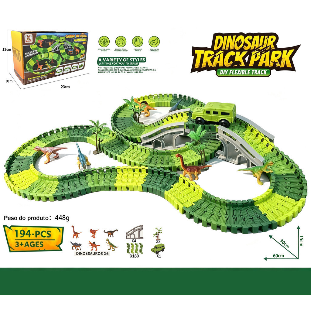 Pista de Dinossauros Infantil 194 Peças com Carrinho, 6 Dinossauros e Trilha Flexível Montável super qualidade