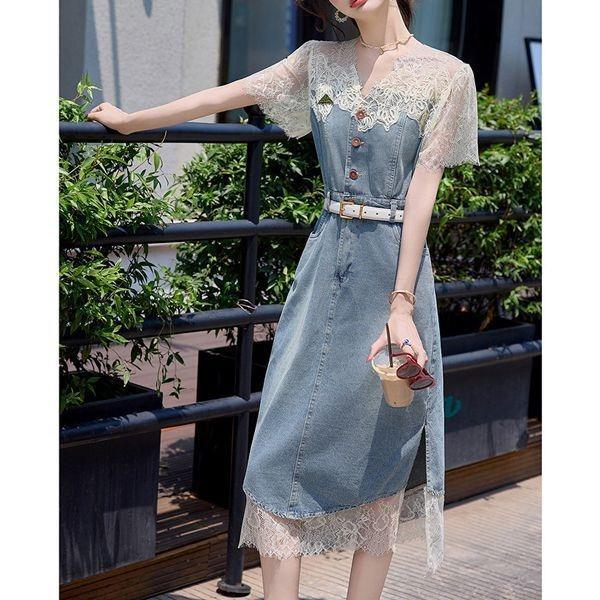 Vestido jeans com costura de renda feminina 2026 High-End pequeno estilo ocidental saia fina redutora de idade260922PPP