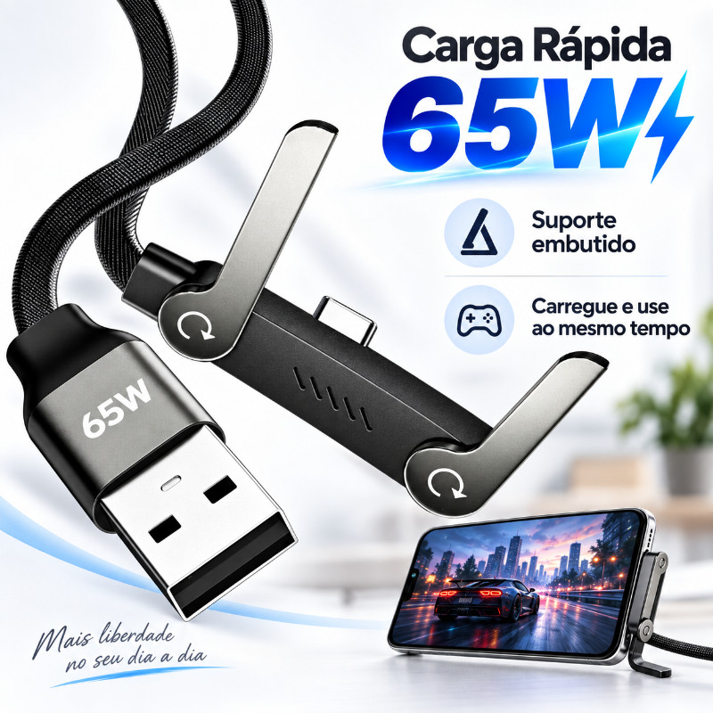 Cabo De Carregamento Rápido USB-A Para Tipo C De 1.5M 65 W Suporte Dobrável Telefone 2 Em 1 carregador tipo c