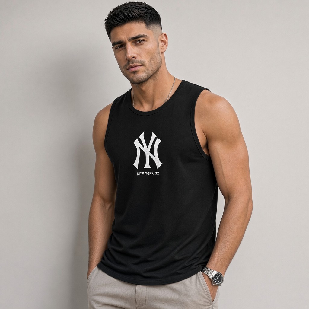 Regata Masculina Estampada New York 32100% Algodão Academia Premium Casual Streetwear Verão Camiseta Cavada