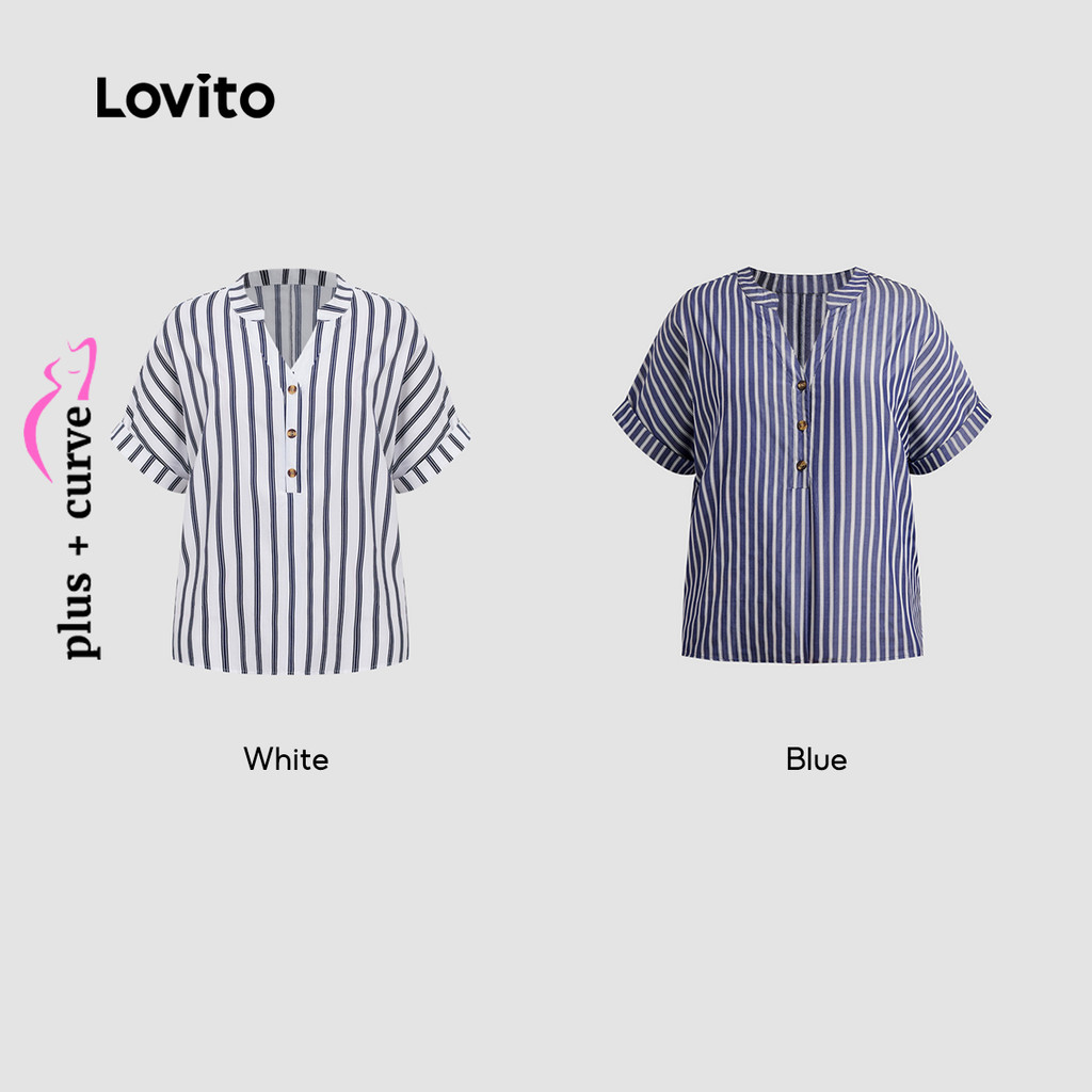 Lovito Casual Blusa Plus Size Feminina Estampa Listrada Botões Curvada Primavera/Verão LBL19291