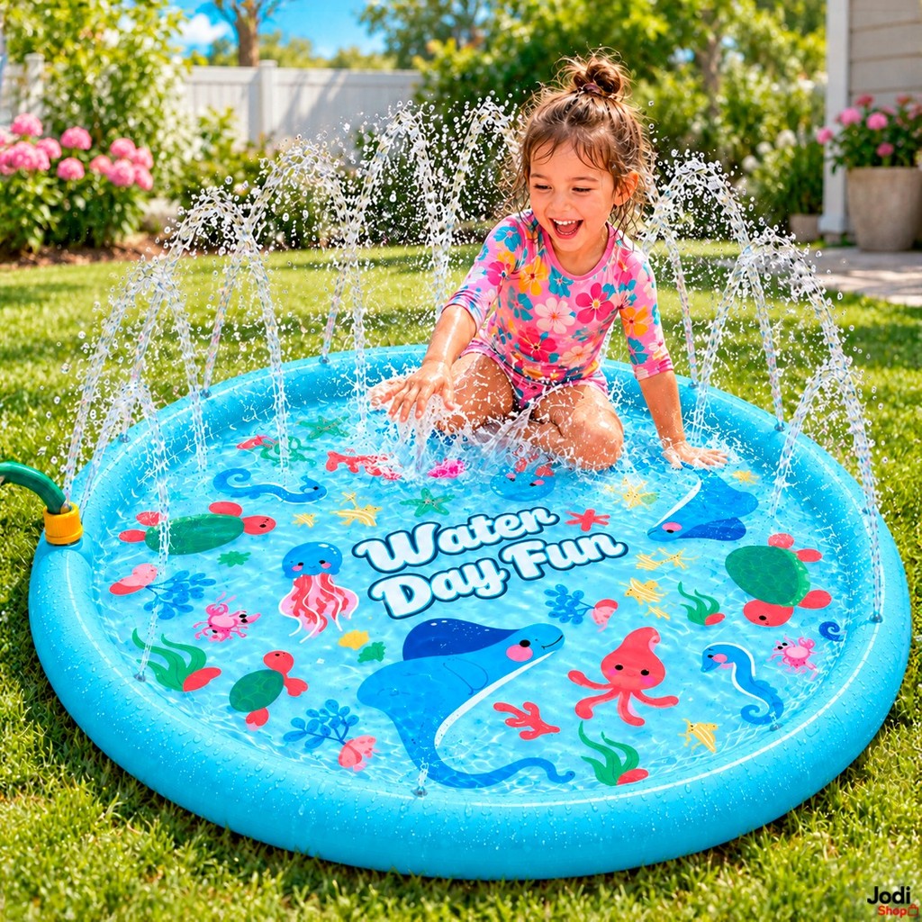 Tapete Chafariz Infantil de Água com Estampa Marinha e Adaptador para Mangueira de Jardim