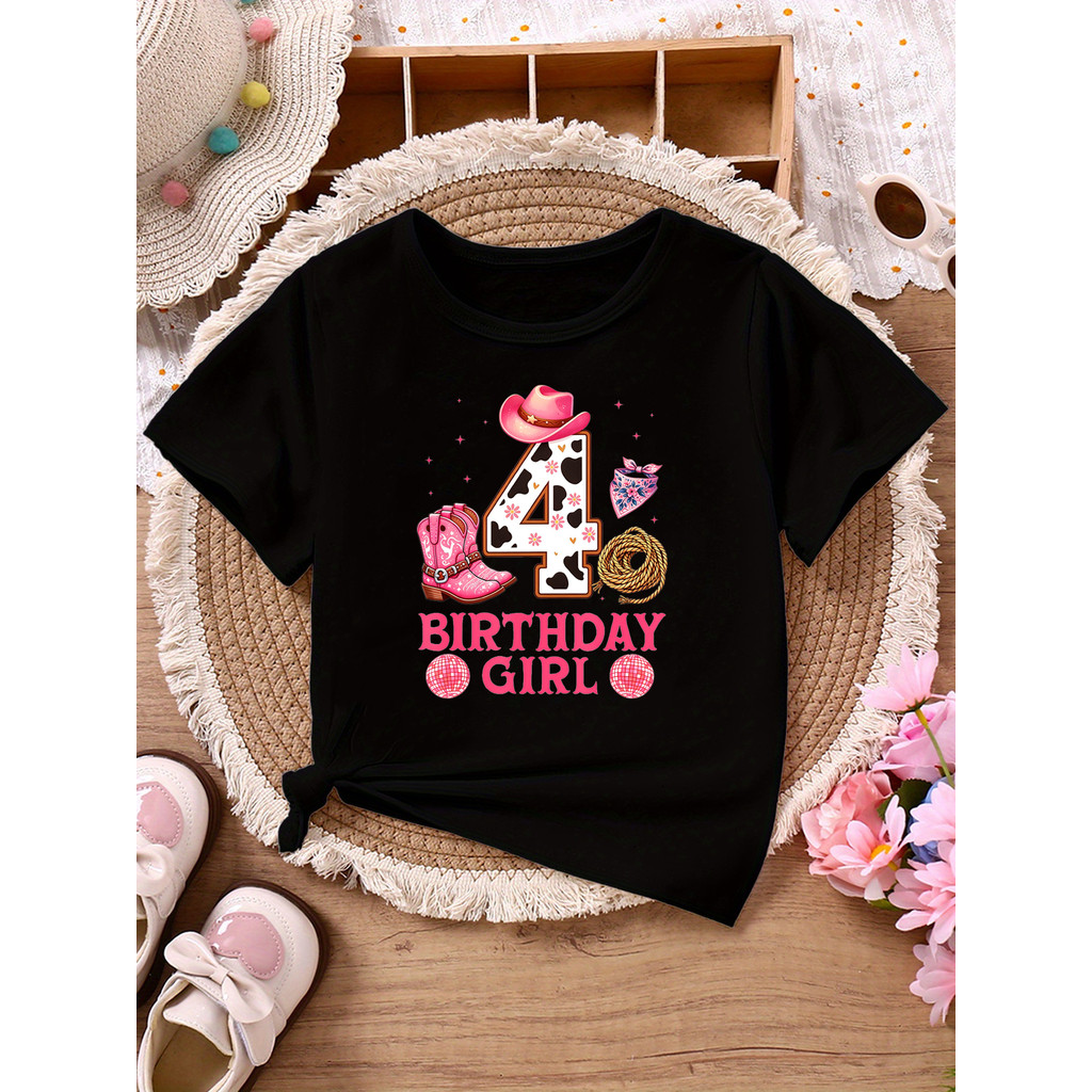 4th Aniversário Menina Ocidental Cowboy Impresso T Camisa Meninas O Melhor Camiseta Kawaii Crianças Roupas De Verão