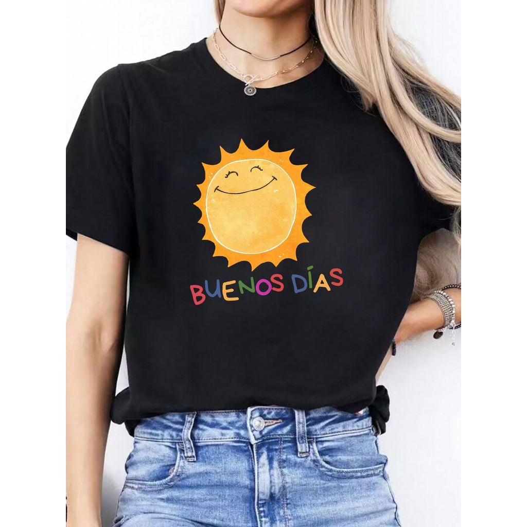 Camiseta Sol Sorridente Frase Colorida Buenos Dias Confortável Linda Divertida Estilosa Casual Verão Moda Feminina