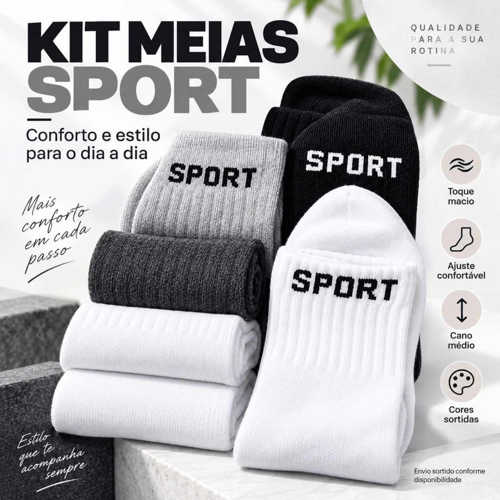 Meia Masculina Sport Kit 6 ou 12 Pares Cano Longo 38 ao 45 Algodão e Poliéster