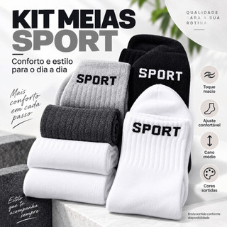 Meia Masculina Sport Kit 6 ou 12 Pares Cano Longo 38 ao 45 Algodão e Poliéster