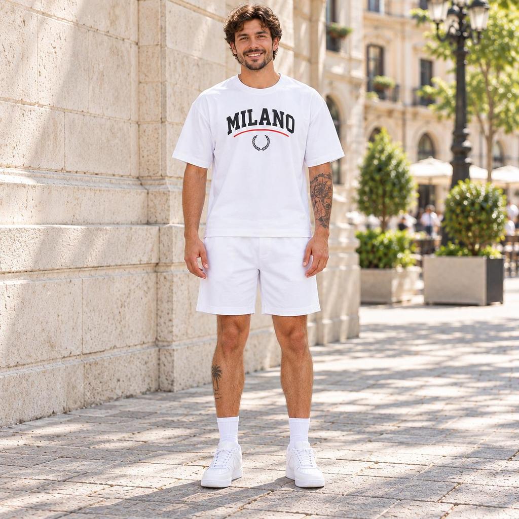 Conjunto Masculino Branco Camiseta 100% Cotton com Bermuda Oversized Moletinho ou Somente Camiseta Preta