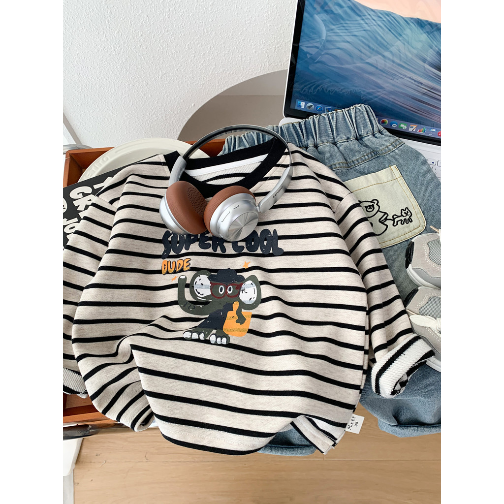 Meninos primavera outono roupas moletom crianças estilo ocidental listrado dos desenhos animados pulôver pequeno médio c