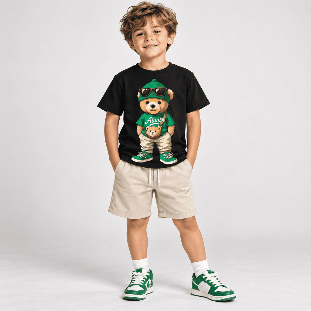 Kit Infantil Conjunto 2 Peças Camiseta Urso Estiloso + Bermuda Bege Conjunto Menino Casual Estampado