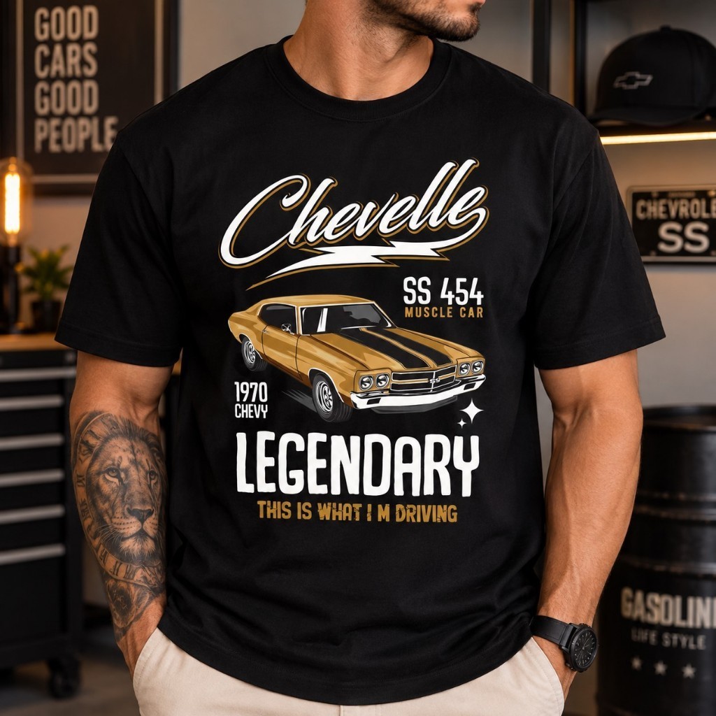 Camiseta Masculina Manga Curta 100% Algodão Estampa Carro Clássico Chevelle SS 454 Vintage Automotiva Retro Carro Antigo