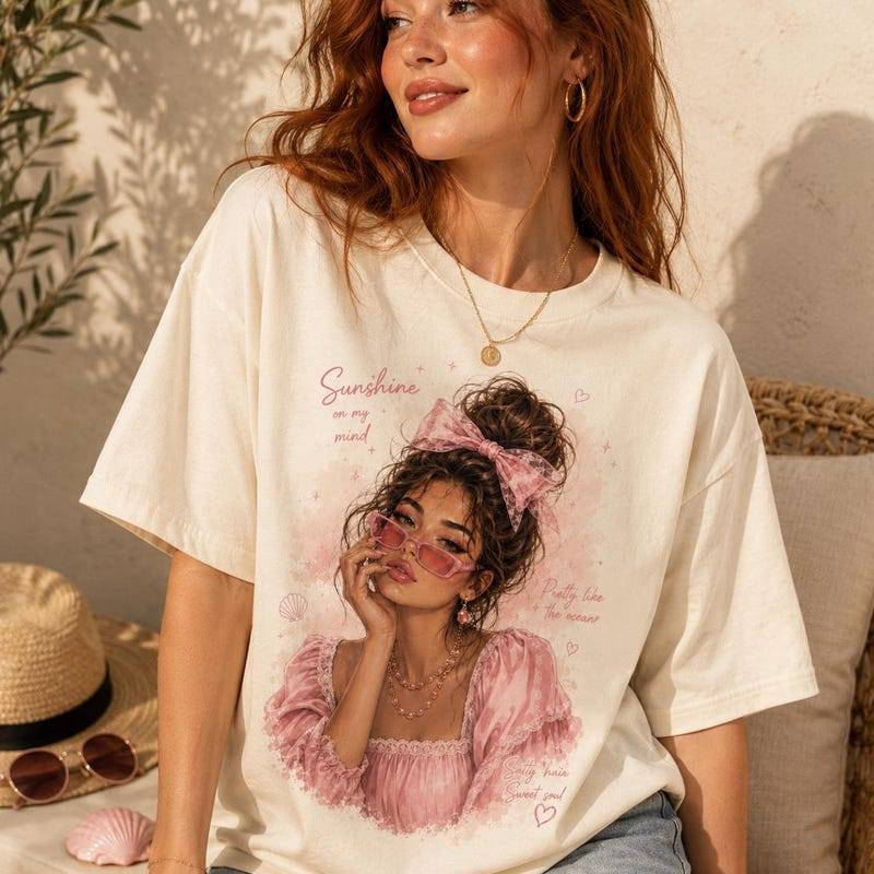 Camiseta Unissex Premium De Algodão Estampa Garota Retro Verão Cor Creme Roupa Casual Confortável Para Passeio Uso