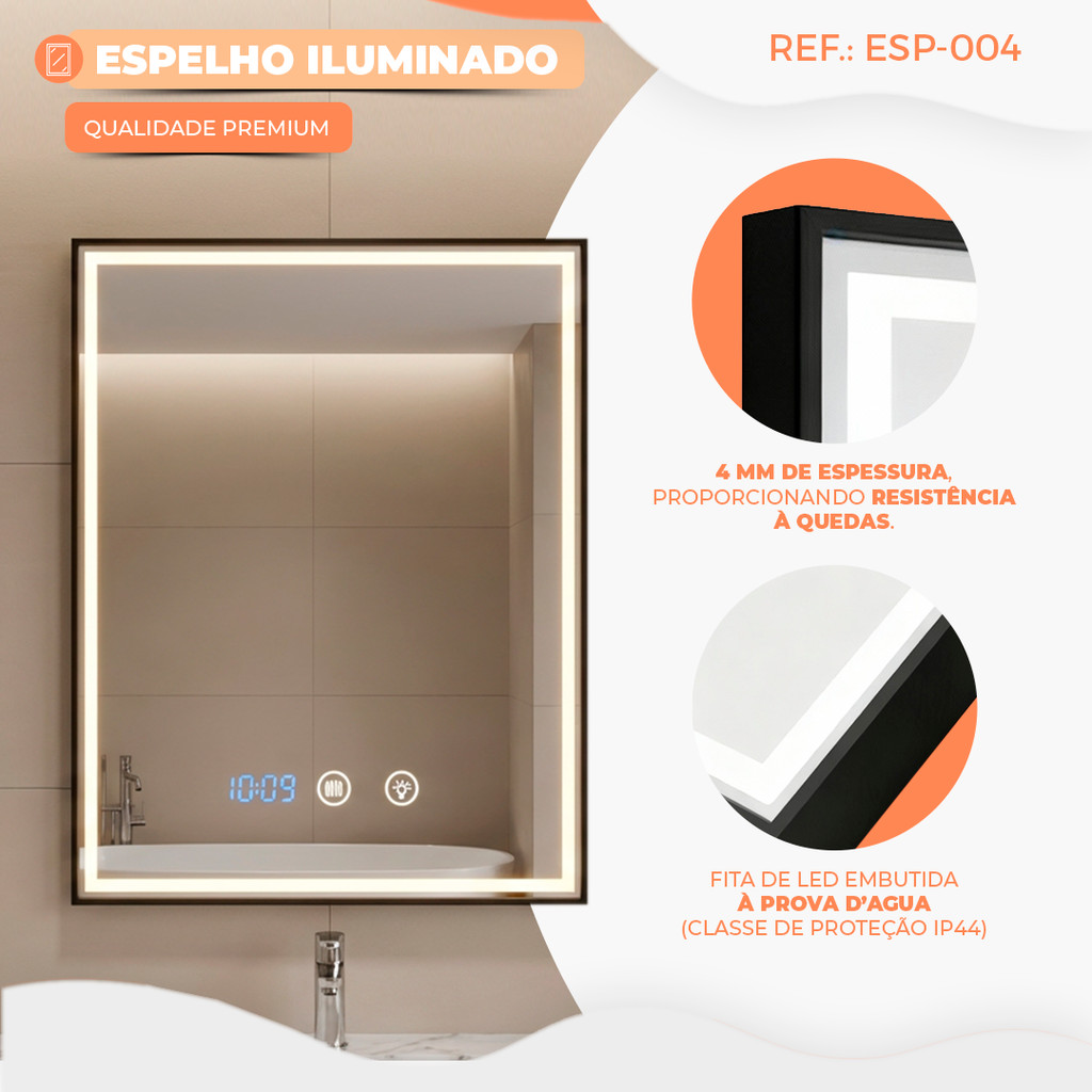 Espelho Led 3 Cores Retangular Com Relógio Temperatura Para Camarim Maquiagem Decorativo · foto 2