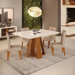 Conjunto Sala de Jantar Mesa 120cm Tampo de Vidro/MDF Kiara com 4 Cadeiras Yasmin Marrom/Freijó/Off White/Kraft
