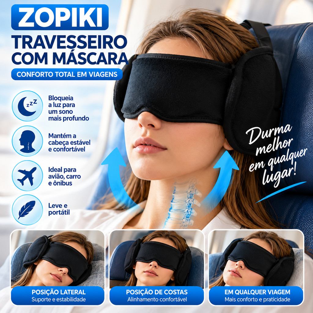 Kit Almofada e Máscara para Dormir no Avião — Apoio de Cabeça Preto ZOPIKI