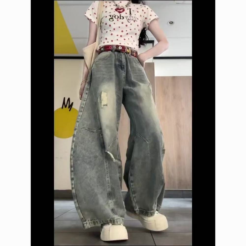 Americano Retro lavado angustiado Machete Jeans de perna larga feminino outono novo estilo Design cintura alta Drape cal