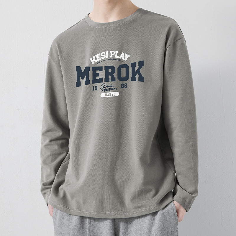 Camiseta masculina de manga comprida pesada de algodão puro primavera outono americano carta impressão camisa de fundo t