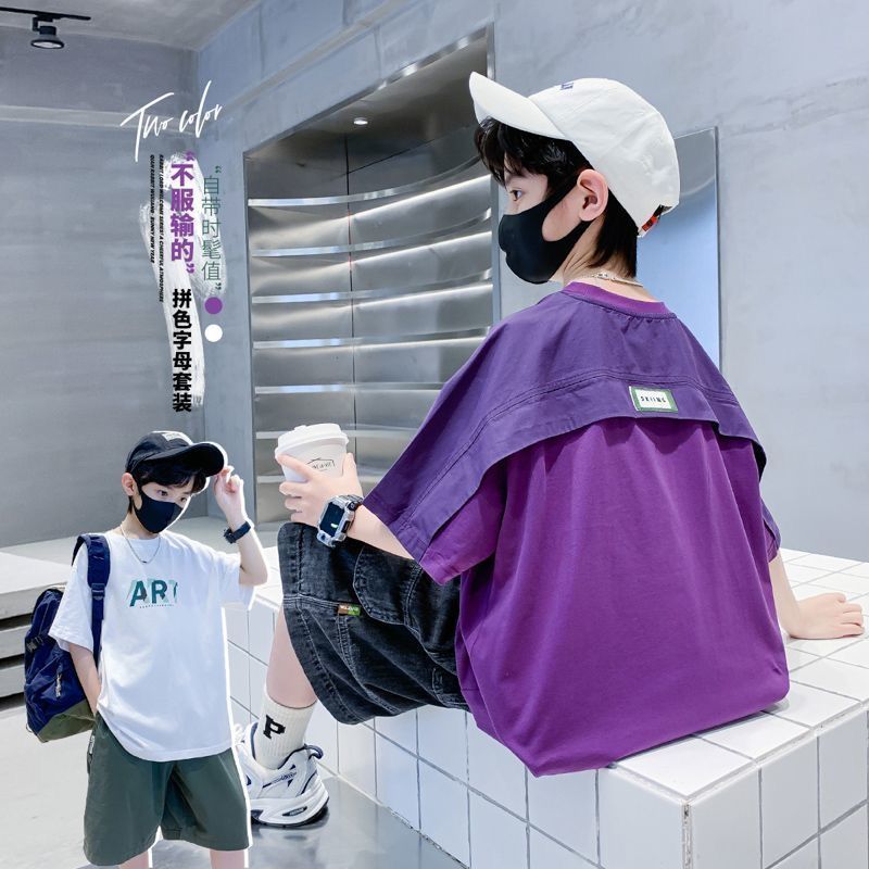 Meninos puro algodão de manga curta camiseta 2025 verão novo estilo crianças meninos médio grande crianças puro algodão 