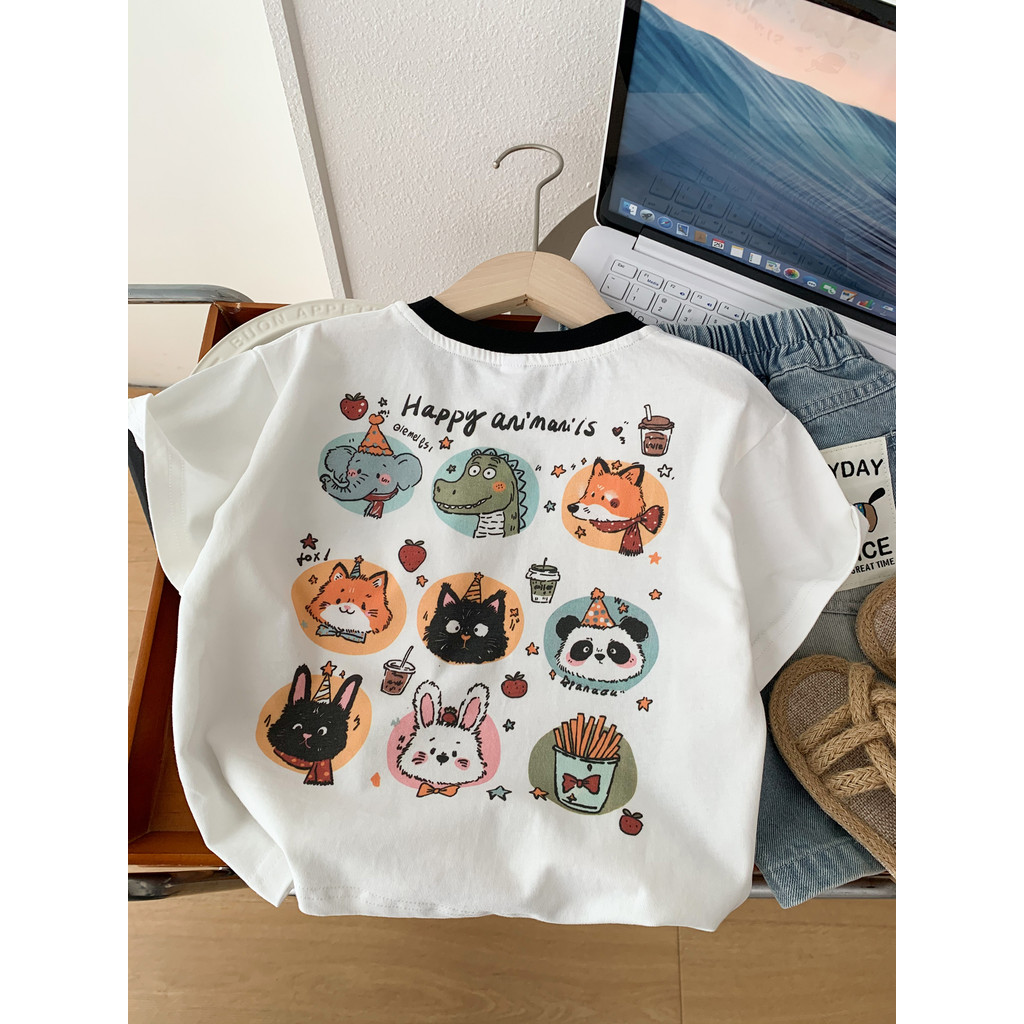 Meninos verão puro algodão de manga curta camiseta 2026 novo estilo crianças dos desenhos animados em torno do pescoço b