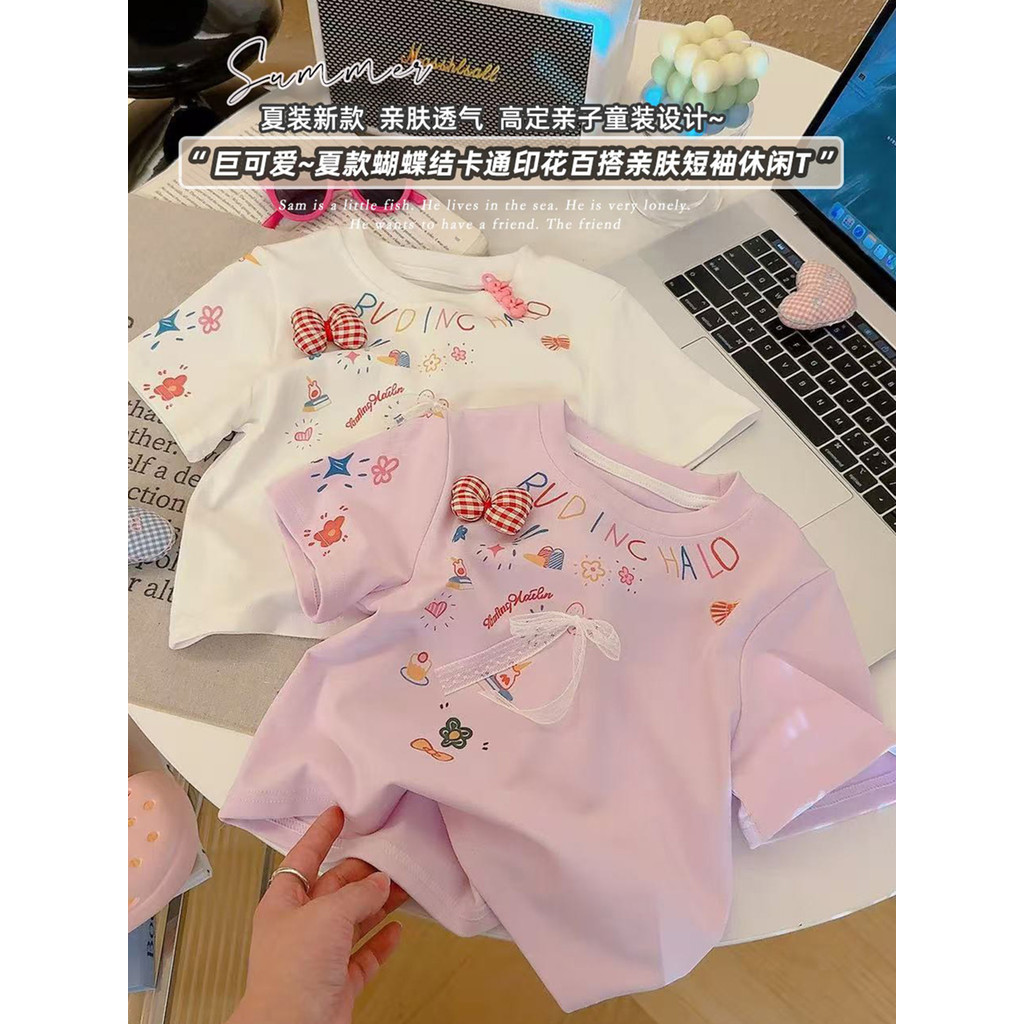 Crianças dos desenhos animados impresso tridimensional arco meninas de manga curta camiseta verão novo estilo meninas so