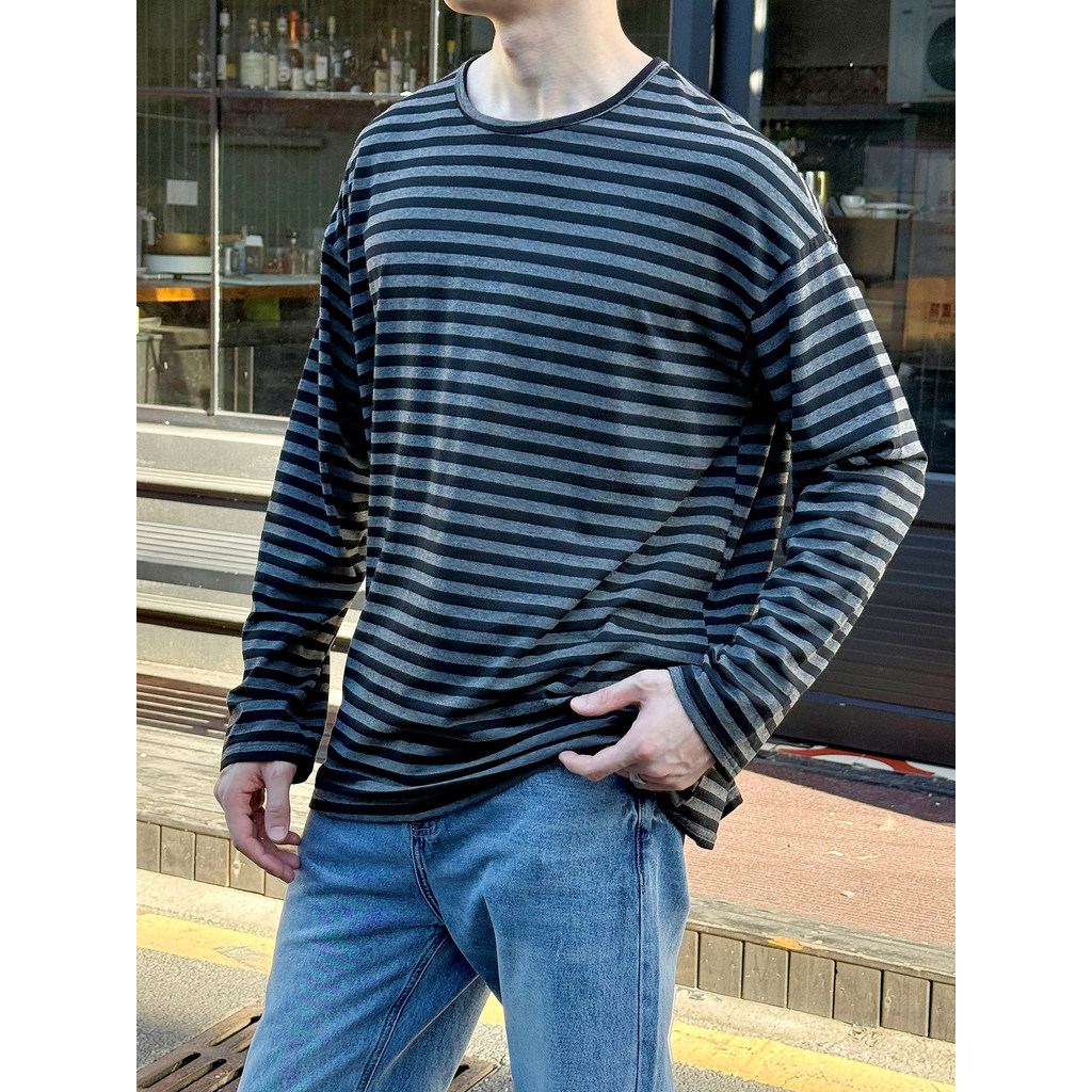 Americano Retro High-End estilo preguiçoso listrado em torno do pescoço de manga comprida camiseta masculina primavera o