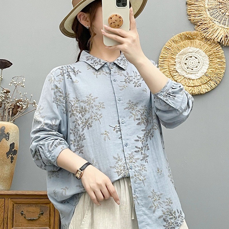 Primavera outono novo estilo Casual impresso camisa de manga comprida feminina lapela branca solta mais magro olhar All-