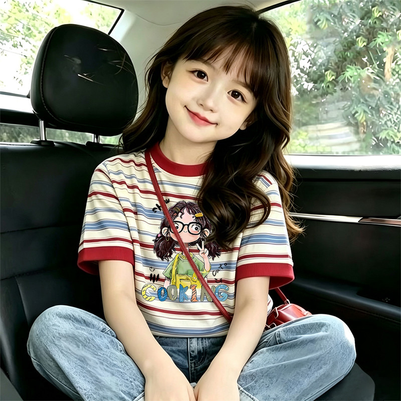 Meninas roupas cor combinando listrado algodão manga curta camiseta 2026 verão novo estilo médio grande crianças bebê Ca