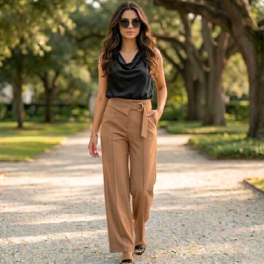Calça Feminina Pantalona Alfaiataria em Tecido Louis Twill Wide Leg- Elegância com Cós Assimétrico Ref 2569