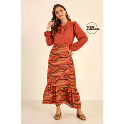 Saia Feminina Midi Babado Abstrata Marialícia Rosa