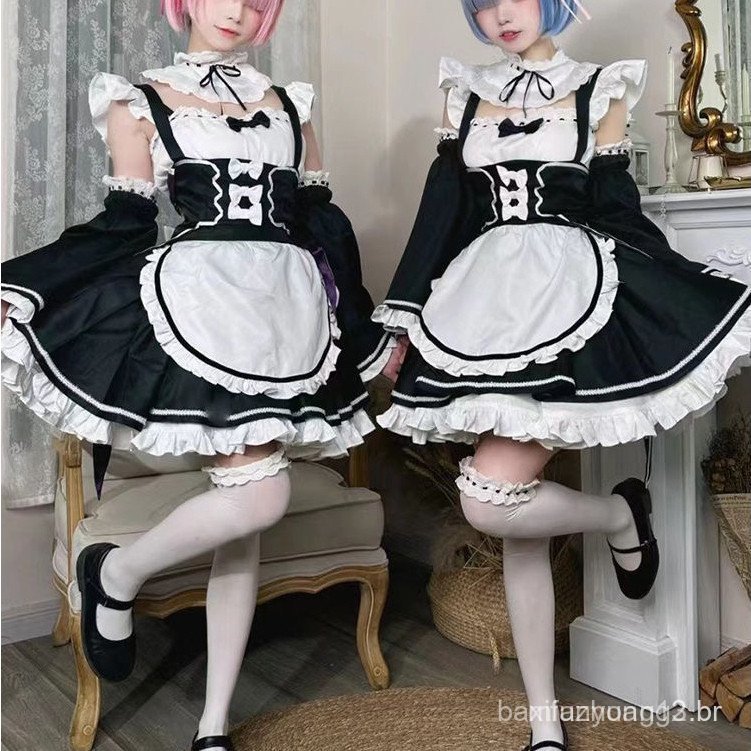 RE : Zero-Vida Inicial Em Outro Mundo Ram Rem Cosplay Maid Lolita Costume Conjunto Muito Completo Com Peruca .