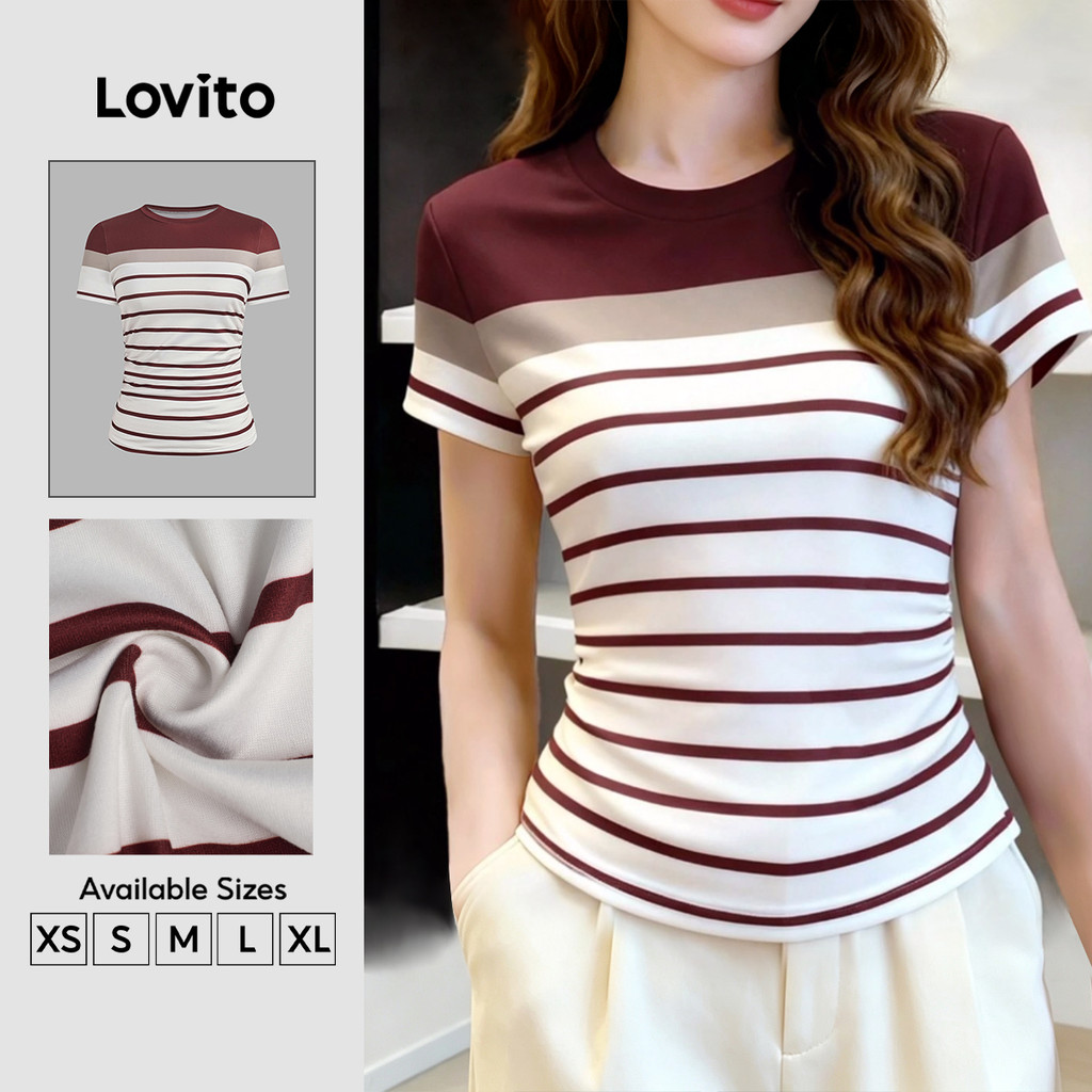 (New Arrival) Lovito Camiseta Casual Feminina Marrom com Padrão de Colorblock Confortável e Estilosa para primavera/verão TSB201P1D563