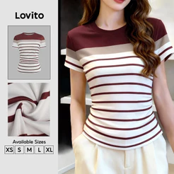 Lovito Camiseta Casual Feminina Marrom com Padrão de Colorblock Confortável e Estilosa para primavera/verão TSB201P1D563